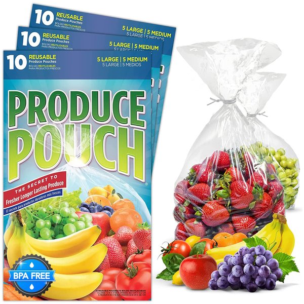 Produce Pouch 30-Pack (15M, 15L) - Reusable Produce Bags For Refrigerator, Keeps Fruits, Vegetables & Herbs Fresh Longer, Reusable Vegetable Bags with Twist-Ties, Extend Shelf Life