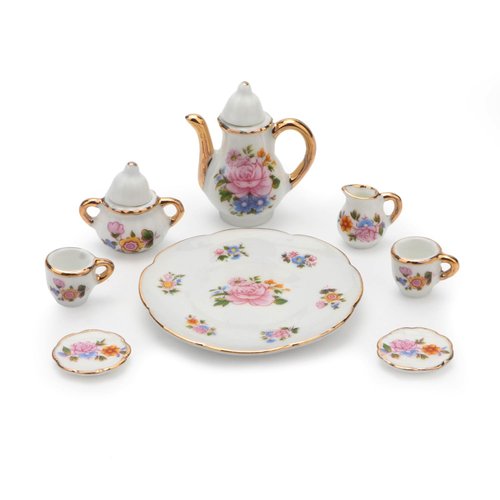 Dollhouse Tea Cup Sets 1:6 Scale Miniature Porcelain Dollhouse Accessories 8PCS Flower Pattern Teapot Platter Dish Sets Dollhouse Kitchen Supplies Decoration (Yellow)