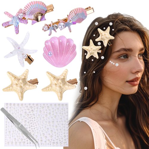 Vodolo Seashell Hair Clip,6PCS Shell Pearl Starfish Hair Clips,Unique Novelty Beach Ocean Mermaid Hair Accessories for Women Girls,Hair Decoration for Halloween Christmas Weddings Party Evenings