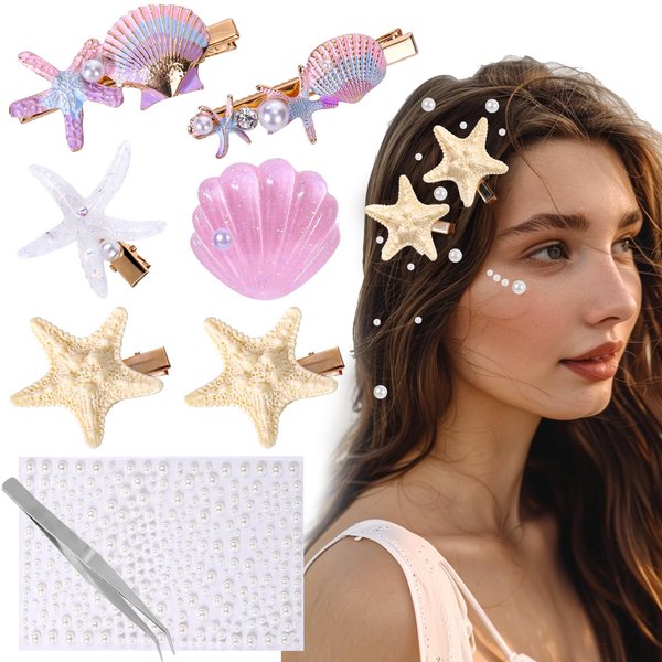 Vodolo Seashell Hair Clip,6PCS Shell Pearl Starfish Hair Clips,Unique Novelty Beach Ocean Mermaid Hair Accessories for Women Girls,Hair Decoration for Halloween Christmas Weddings Party Evenings