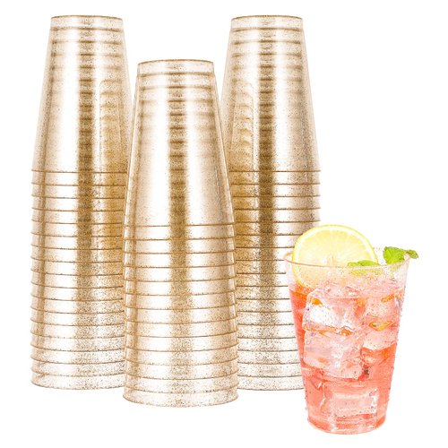 JOLLY CHEF 14 oz 50 Pack Gold Plastic Cups, Disposable Gold Glitter Plastic Cups Tumblers, Wedding Cups Party Cups, Ideal for Halloween, Thanksgiving, Christmas