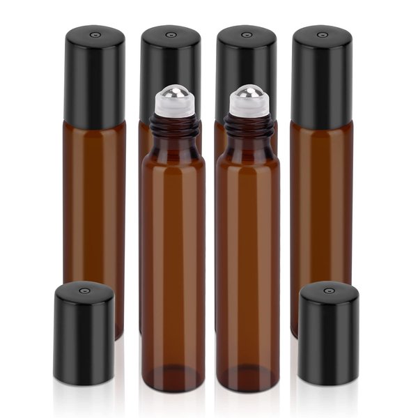sungwoo 6 Pack Essential Oil Roller Bottles, 10ml Amber Glass Roller Bottles with Stainless Steel Roller Balls and Caps for Travel, Perfume and Lip Gloss