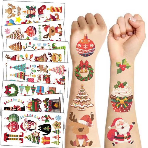 10 Sheets/Pack Christmas Temporary Tattoos for Kids Party Favors, Cute Santa Claus Christmas Tree Stocking Fake Tattoos Stickers for Boys Girls Party Decoration Supplies Goodie Bags Fillers