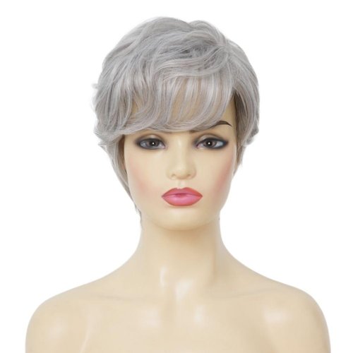 Salaibs Grey Short Curly Wigs for Women with Bang Natural Looking Gray Synthetic Hair Wig for Daily Party Use
