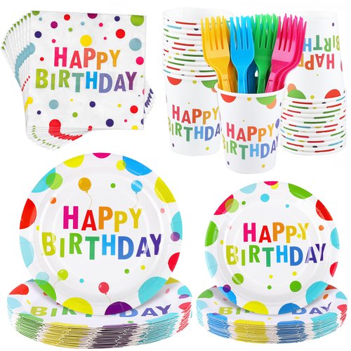 Kochorie 144 Pieces Happy Birthday Print Party Decorations Including Disposable Plates Napkins Cups Forks Tableware Sets Serves 24 for Birthday Party Supplies