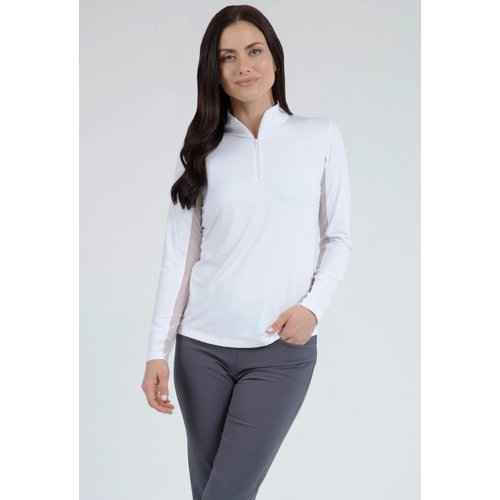 IBKUL Athleisure Wear Sun Protective UPF 50+ Icefil Cooling Tech Long Sleeve Mock Neck Top with Under Arm Mesh 80000 White Solid XL