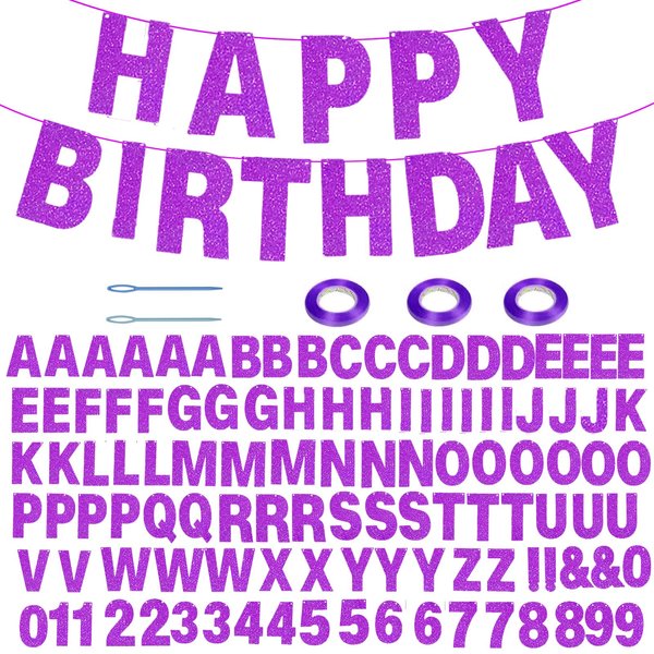 116 Pcs DIY Glitter Customizable Banner Kit Custom Banner Including 111 Letters and Numbers 3 Rope and 2 Threading Device for Personalized Decor for Women's Day Birthday Banner (Purple)