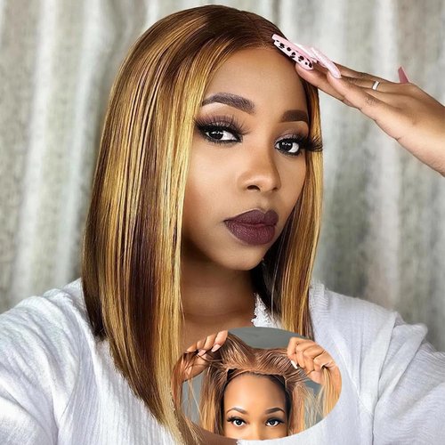 Put On And Go Glueless Wigs Human Hair Pre Cut Ombre 4/27 Highlight Short Bob Wig Human Hair For Women 180 Density 4x4 Closure Straight HD Lace Front Wigs Human Hair Ready To Wear For Beginners 14inch