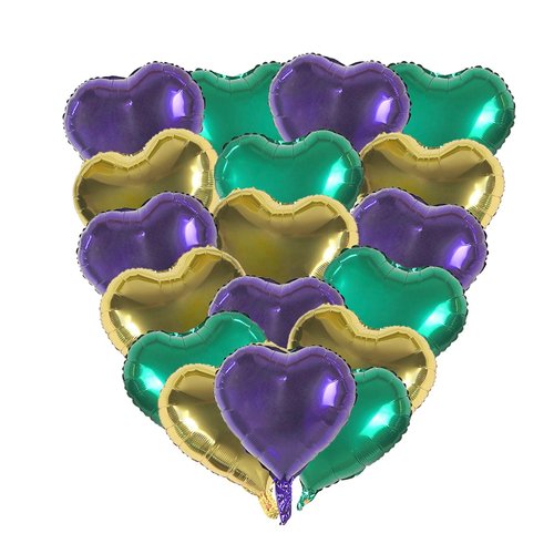 18pcs 18" Gold Purple Green Heart Balloons Mardi Gras Foil Balloons