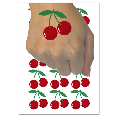 Pair of Cherries on Stem Cherry Fruit Temporary Tattoo Water Resistant Fake Body Art Set Collection - 54 1" Tattoos (1 Sheet)