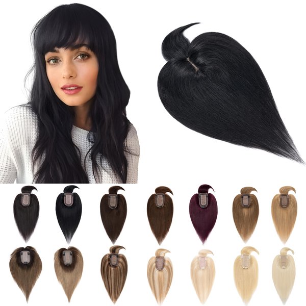 SEGO Hair Toppers for Women Real Human Hair With Bangs 7 * 13CM Silk Base 100% Remy Human Hair Clip in Top Wiglet Hair Pieces for Thinning Hair -16 Inch Jet Black