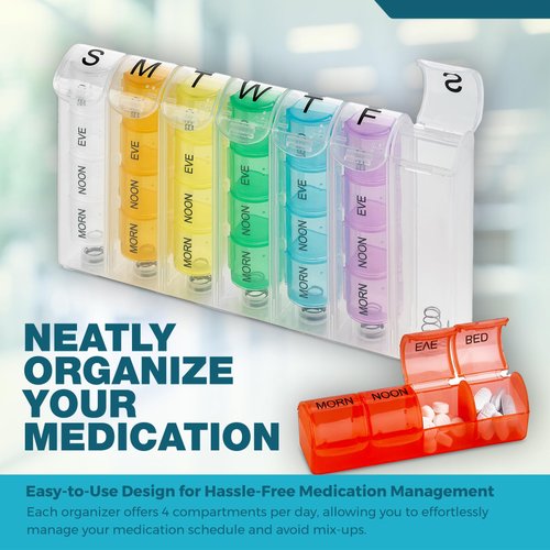 Weekly Pill Organizer - Pill Planners for Pills and Vitamins Day Week, 4 Times-a-Day Medication Reminder, AM PM Compartments Monday to Sunday for Travel or Purse