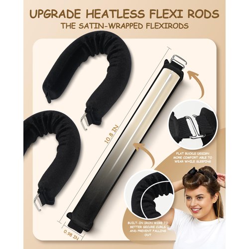 Little Overnight Heatless Hair Curler to Sleep in, Heatless Curls Satin Velvet Overnight Flexi Blowout Rods No Heat Overnight Sleeping Curling for Hair Styling Tools -3pcs Black