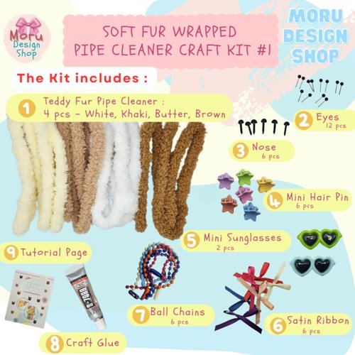 Moru Fur Pipe Cleaner Craft Kit #1, Soft, Thick, Long Teddy Fur-Wrapped stem Wire for DIY Art & Craft. with Decorative Accessories (Eyes/Nose/Ribbons) &Tutorial. Great for a Gift, Craft Class, Party