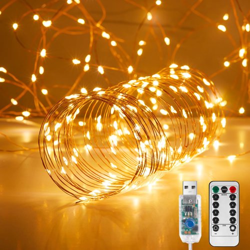 Ariceleo 1 Pack 32. 8 ft. USB Powered Fairy Lights with Remote & Timer, 100 LED USB Twinkle String Lights - Silver Wire, 8 Modes, Waterproof, Warm White Starry Lights for Party, Wedding, Christmas