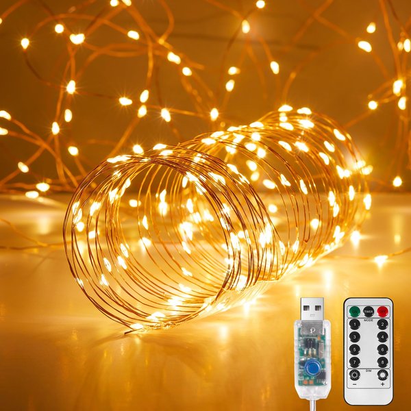 Ariceleo 1 Pack 32. 8 ft. USB Powered Fairy Lights with Remote & Timer, 100 LED USB Twinkle String Lights - Silver Wire, 8 Modes, Waterproof, Warm White Starry Lights for Party, Wedding, Christmas