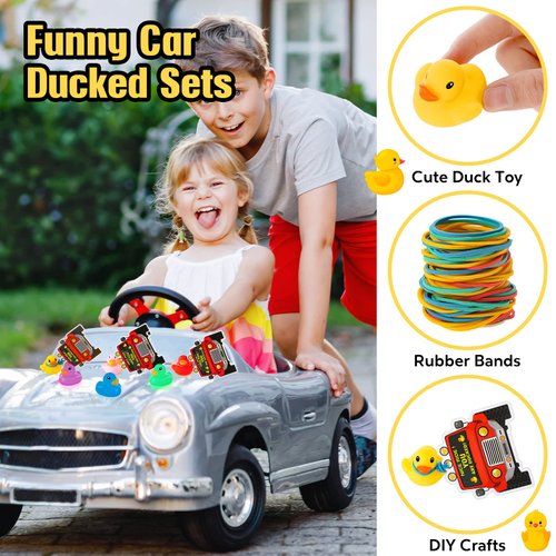 248 Pcs Duck Car Shape Tag Kits Includes 48 Squeaky Rubber Duck Bath Toy 100 Ducking Card Tags 100 Colorful Rubber Bands for Car Ducking Decor Birthday Car Escaped Theme Party Favor (Mixed Color)