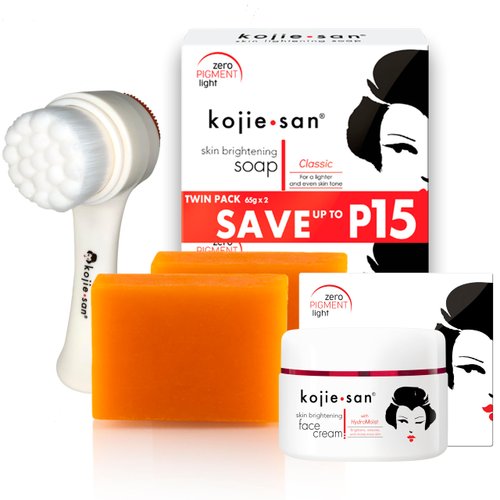 Kojie San Skincare Bundle - Facial Brightening Set with 2 Bars of Kojic Acid Soap, Face Cream & Exfoliating Face Brush