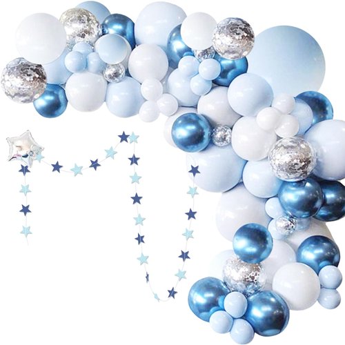 Blue Balloon Garland Arch Kit, Metallic Blue White and Silver Confetti Latex Balloons for Baby Shower Birthday Wedding Graduation Anniversary Frozen Winter Wonderland Party Background Decorations