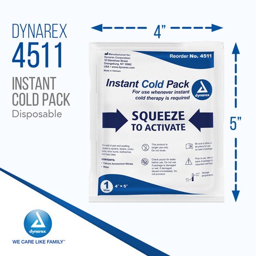 Dynarex Disposable Ice Packs for Injuries - Instant Cold Packs for First Aid, Swelling, Sprains & Abrasions - Single Use Cold Pack & Cold Compress Packs for Joint & Muscle Pain - 24-Pack, 4x5-Inch