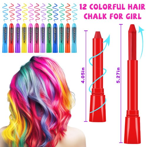 Hair Chalk for Girls Washable, 12-Color Temporary Hair Chalk for Girls Gifts for Dark Hair, Hair Dye Marker Gifts for Teen Girls Kids Age 5 6 7 8 9 10 11 12 13 Years Old for Christmas Birthday