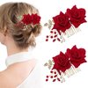 2 Pcs Rose Flower Wedding Hair Comb Crystal Pearl Bridal Headpiece Gold Leaf Red Flower Side Comb Hair Accessories for Women