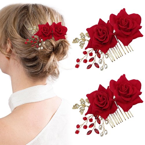 2 Pcs Rose Flower Wedding Hair Comb Crystal Pearl Bridal Headpiece Gold Leaf Red Flower Side Comb Hair Accessories for Women