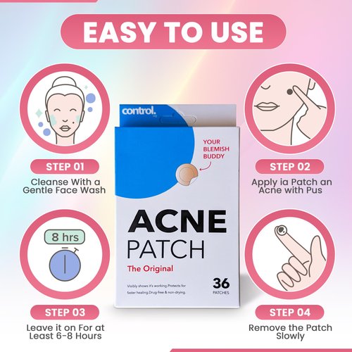 Control HQ Hydrocolloid Acne Patch Bandages for Face Invisible and Waterproof, Fast Mitigate for Blemishes, All Skin Types, Gentle and Non-Drying, Absorbs Oil, Flawless Skin Solution