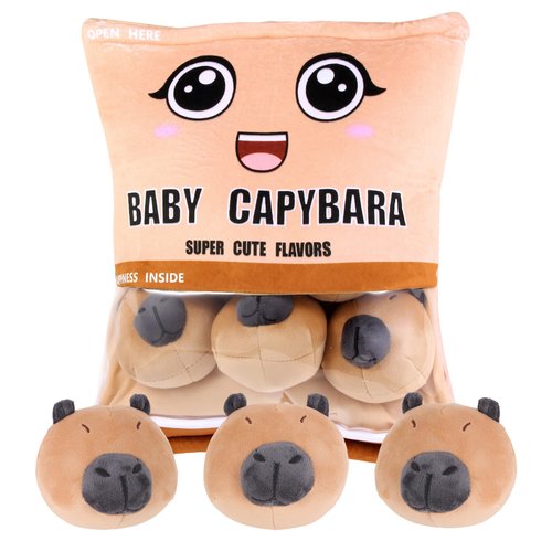 Frankiezhou Home Capybara Snack Bag Plush Pillow, Removable Stuffed Animals with 6 Mini Capybara Stuffed Animals Kawaii Pudding Pillow Plush Decor for Kids