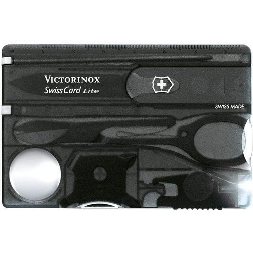 Victorinox Swiss Card Lite Swiss Army Knife, 13 Function Swiss Made Pocket Knife with Magnifying Glass LED and Tweezers - Ruby