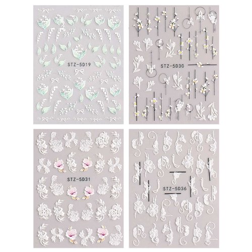 JMEOWIO 3D Embossed Spring Flower Nail Art Stickers Decals Self-Adhesive Pegatinas Uñas 5D Colorful Summer Floral Nail Supplies Nail Art Design Decoration Accessories 4 Sheets