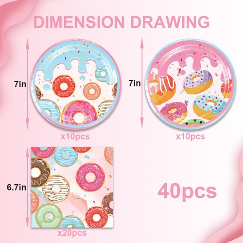 40pcs Doughnut Party Supplies，Doughnut theme Paper Plates Napkins Summer Doughnut Party Birthday Decorations Favors for Kids Serves 20