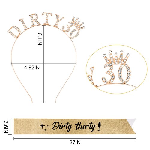 CAVETEE 30th Birthday Crown and Sash，Birthday Headband Gold Princess Tiara DIRTY 30 Sash and Crown Happy Birthday Sash for 30th Birthday Decorations for Birthday Gifts
