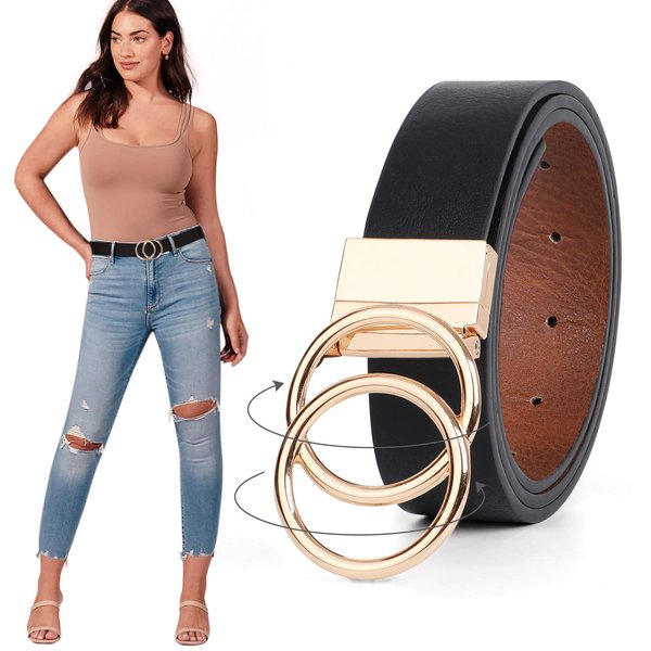 JASGOOD Women Leather Belt, Reversible Belt, Leather Waist Belt for Jeans Dress with Gold Double O Ring Rotate Buckle, A-Black/Brown, Fit Size 31"-35"