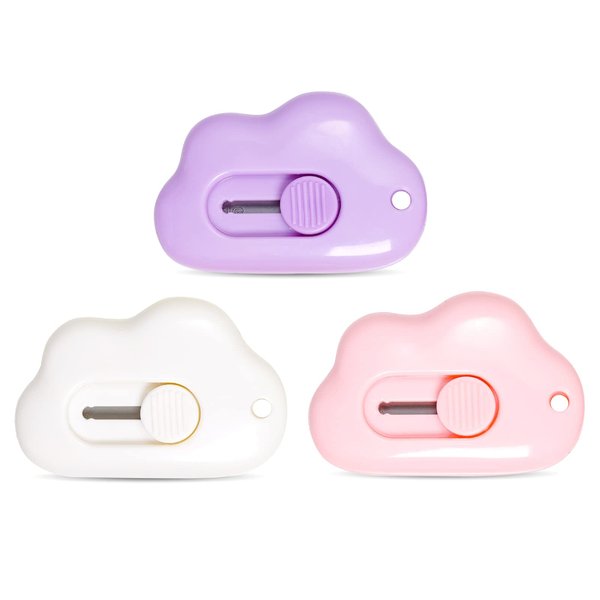 Fengek 3 Pcs Mini Retractable Utility Knife Cloud Pocket Box Cutters Plastic Letter Opener Slide Open with Keychain Hole for Box Letter Envelope, Cloud Shape (Multicolor A)