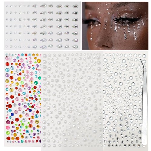 Yosca 4 Pcs Self Adhesive Face Gems, Rhinestone Stickers for Face Eye Nail Hair Body Makeup, Face Gems, Nail Rhinestones, Pearl Stickers for Halloween Christmas Diwali Concert Crafts Rave Accessories