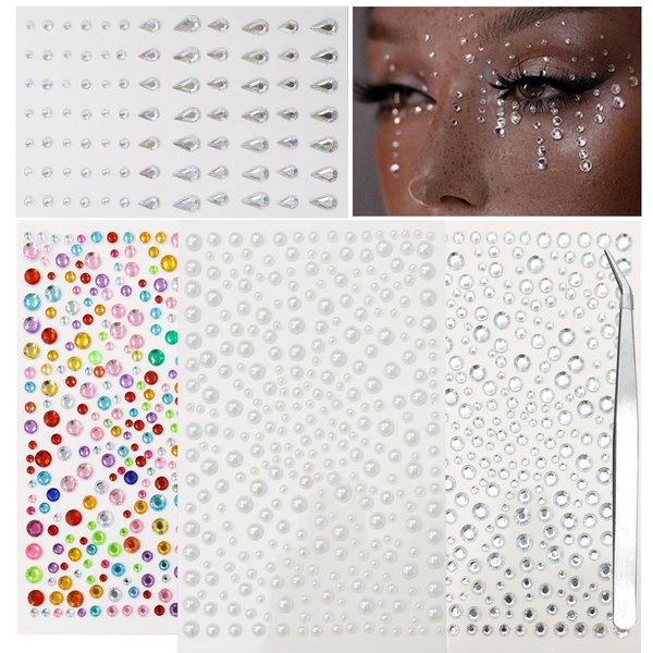 Yosca 4 Pcs Self Adhesive Face Gems, Rhinestone Stickers for Face Eye Nail Hair Body Makeup, Face Gems, Nail Rhinestones, Pearl Stickers for Halloween Christmas Diwali Concert Crafts Rave Accessories