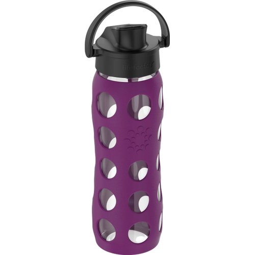 Lifefactory 22-Ounce Glass Water Bottle with Active Flip Cap and Protective Silicone Sleeve, Plum