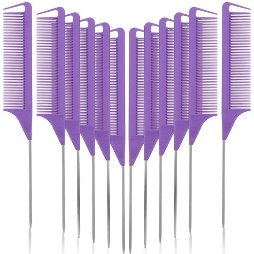 Patelai 12 Pcs Parting Comb for Braids Bulk, Rat Tail Comb for Parting Stainless Steel Pintail Comb Teasing Combs Braiding Comb Pressing Comb for Hair Styling Hairdressing Hair Salon Home(Purple)