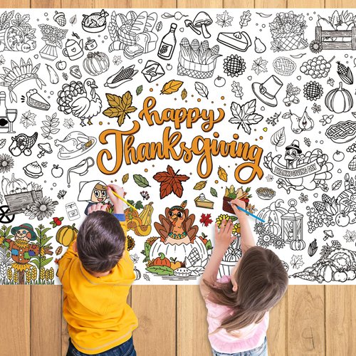 Giant Fall Thanksgiving Coloring Poster, LMSHOWOWO 31.5 x 43.3 Inches Happy Thanksgiving Coloring Tablecloth with Turkey Pumpkin Design for Kids Thanksgiving Crafts School Activities Party Decorations