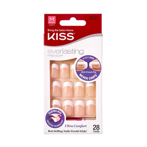 Kiss Everlasting French Nail Manicure, Chip-Free with Flexi-Fit Technology, Medium, Unlimited", Nail Kit with Pink Nail Glue (Net Wt. 2 g / 0.07oz.), Mini File, Manicure Stick, and 28 Fake Nails