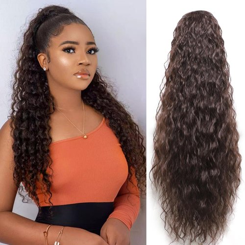 Violet Dark Brown Ponytail Extension for Women 26 Inch Long Curly Drawstring Ponytail Extension for Women Instant Wavy Clip in Ponytail Hair Extensions Brown Hair Extension (Dark Brown)