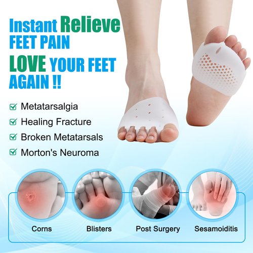 Ball of Foot Cushions, (4PCS) Metatarsal Pads, Toe Separator, Toe Spacers, Breathable & Soft Gel Foot Pads, Forefoot Pads for Mortons Neuroma Callus, Diabetic Feet, Blisters,