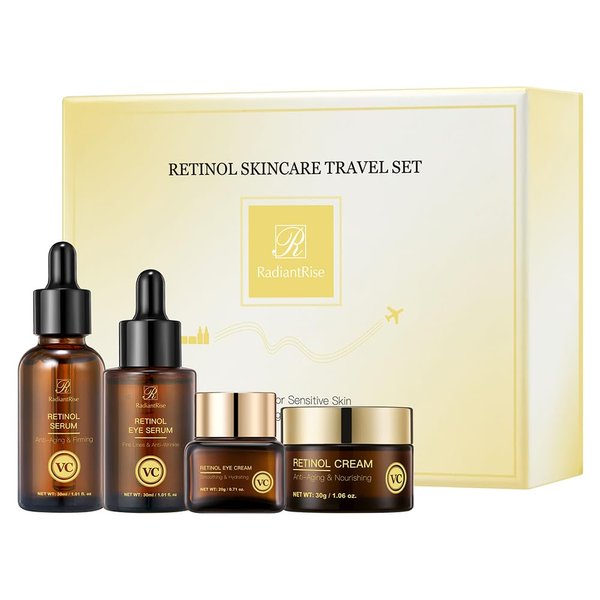 R RadiantRise Retinol moisturizing skin care mini kit,anti-aging travel kit, essence liquid, eye essence liquid, face cream and eye cream, replenish moisture for the skin