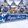 Blue Happy New Year Banner with 18pcs Balloons 2025 Glitter Blue Happy New Year Yard Banner Sign Fireworks Happy New Year Fence Banner 2025 New Year Latex Balloons for New Year Eve Party Supplies