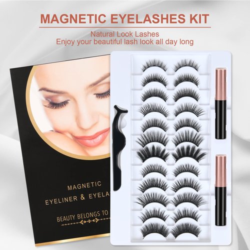 URAQT Lash Clusters Kit, 12 Pair Reusable Magnetic False Eyelashes with 2 Tubes Waterproof Eyeliner & Tweezers Cluster Eyelash Extensions Kit Cat Eye Lashes Eyelashes Clusters Lashes Extension Kit