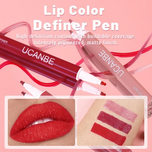 UCANBE 3 Pcs Liquid Lip Stain Tint, Nude Matte Shaded Red Lip Liner Marker, Makeup Smudge Proof Natural Waterproof Longlasting Quick Dry Lipstick Color