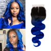 SEXAY Blue 4x4 Lace Closure Body Wave Brazilian Virgin Human Hair Extensions Ombre Free Part Closure Pre Plucked With Baby Hair for Black Women 1B/Blue Color Closure(16inch)