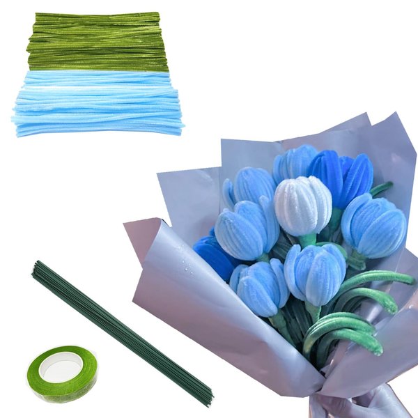 200pcs Pipe Cleaners Craft Supplies, DIY Tulip Bouquet Making Kit, Chenille Stems Flower Craft Kit Fuzzy Sticks Crafting Materials Bendable Wire Bulk for Art Classroom Mother’s Day Gift (Light Blue)
