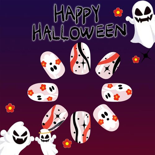 Halloween Press on Nails Short Almond Fake Nails Nude Pink False Nails With Designs Cute Ghost Star Glue on Nails Full Cover Acrylic Stick on Nails Glossy Artificial Nails for Women 24Pcs